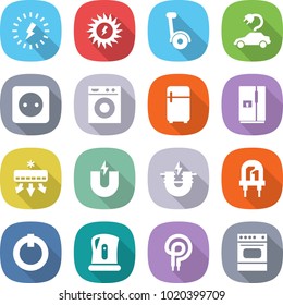 flat vector icon set - lightning vector, sun power, gyroscooter, electric car, socket, washing machine, fridge, air conditioning, magnet, led, on off button, kettle, elecric oven