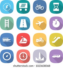 flat vector icon set - lightning vector, delivery, bike, sand clock, ladder, road, plane, stopwatch, train, sail boat, motorcycle, escalator, barometer, watch, rocket start, speed