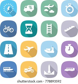 flat vector icon set - lightning vector, delivery, journey, stopwatch, bike, sand clock, ladder, stairs, road, plane, sea shipping, train, motorcycle, rocket start, speed