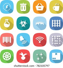 flat vector icon set - lightning vector, bin, remove from basket, hot drink, flask, biohazard, bridge, pallet, bar code, bell, wireless, circuit, wheel, beet, shining, package