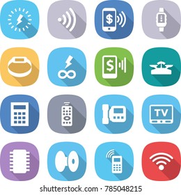 flat vector icon set - lightning vector, wireless, phone pay, smart watch, bracelet, infinity power, mobile, scales, calculator, remote control, intercome, tv, chip, coil