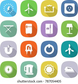 flat vector icon set - lightning vector, windmill, electrostatic, power socket, iron board, fridge, floor lamp, electric magnet, led, on off button, solar, kettle, induction oven
