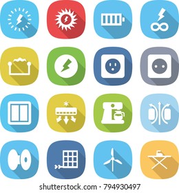 flat vector icon set - lightning vector, sun power, battery, infinity, electrostatic, electricity, socket, switch, air conditioning, coffee maker, magnetic field, coil, solar panel, windmill
