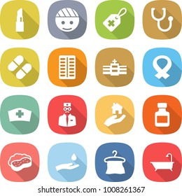 flat vector icon set - lipstick vector, bandaged head, medical label, stethoscope, pill, pills blister, hospital, harness, hat, doctor, real estate, bottle, sponge with foam, hand and drop, hanger