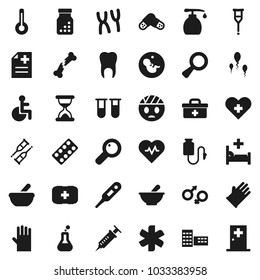 Flat vector icon set - liquid soap vector, rubber glove, school building, heart pulse, first aid kit, doctor bag, ambulance star, disabled, cross, thermometer, flask, vial, gender sign, magnifier