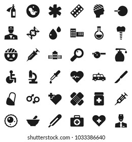 Flat vector icon set - liquid soap vector, school building, heart pulse, cross, first aid kit, ambulance star, disabled, doctor, thermometer, flask, gender sign, dna, magnifier, pregnancy, syringe