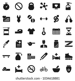 Flat vector icon set - liquid soap vector, barbell, measuring, stopwatch, pills vial, bike, weight, boxing glove, swimsuite, t shirt, roller Skates, skateboard, sports nutrition, molecule, calendar