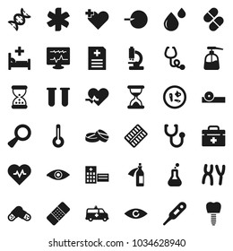 Flat vector icon set - liquid soap vector, heart pulse, doctor bag, ambulance star, cross, thermometer, flask, vial, eye, dna, magnifier, insemination, sand clock, patch, stethoscope, pills, blister