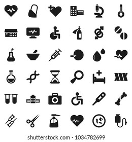 Flat vector icon set - liquid soap vector, school building, heart pulse, first aid kit, disabled, cross, thermometer, flask, vial, gender sign, dna, magnifier, insemination, syringe, crutches, pills