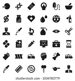 Flat vector icon set - liquid soap vector, rubber glove, heart cross, doctor bag, eye, gender sign, dna, insemination, syringe, dropper, scissors, broken bone, sand clock, patch, pills, bottle, hat