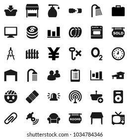 Flat vector icon set - liquid soap vector, plates, shower, drawing compass, graph, case, clock, yen sign, clipboard, oxygen, no hook, antenna, satellitie, monitor, speaker, group, patch, connection