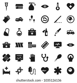 Flat vector icon set - liquid soap vector, rubber glove, heart pulse, doctor bag, ambulance star, cross, thermometer, flask, eye, dna, dropper, crutches, scalpel, patch, stethoscope, pills, blister