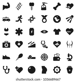 Flat vector icon set - liquid soap vector, heart pulse, fitball, muscule hand, buttocks, snickers, swimsuite, t shirt, target, medal, enegry drink, stairways run, shuttlecock, cross, first aid kit