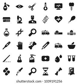 Flat vector icon set - liquid soap vector, rubber glove, school building, first aid kit, heart pulse, doctor, thermometer, flask, vial, eye, dna, magnifier, dropper, crutches, scissors, scalpel, hat