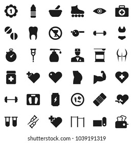 Flat vector icon set - liquid soap vector, barbell, scales, stopwatch, horizontal bar, muscule hand, buttocks, swimsuite, roller Skates, medal, sports nutrition, enegry drink, water bottle, pulse