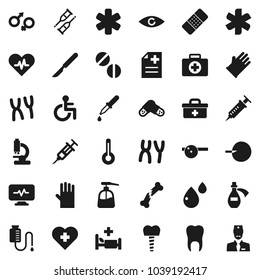 Flat vector icon set - liquid soap vector, rubber glove, heart cross, first aid kit, doctor bag, ambulance star, disabled, pulse, thermometer, eye, gender sign, insemination, syringe, dropper, patch