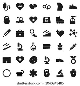 Flat vector icon set - liquid soap vector, potato, microscope, heart pulse, weight, buttocks, snickers, shorts, roller Skates, medal, molecule, stairways run, cereals, pool, cross, hoop, doctor bag