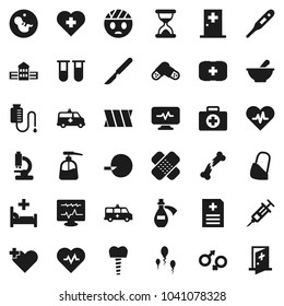 Flat vector icon set - liquid soap vector, school building, heart pulse, cross, first aid kit, thermometer, vial, gender sign, pregnancy, insemination, syringe, scalpel, broken bone, sand clock