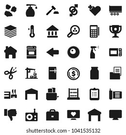 Flat vector icon set - liquid soap vector, sprayer, garbage pile, toaster, oven, thermometer, jar, case, clipboard, award cup, abacus, university, dollar coin, auction, heart monitor, phone, radio