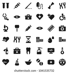 Flat vector icon set - liquid soap vector, school building, heart pulse, cross, first aid kit, doctor bag, disabled, thermometer, flask, vial, eye, syringe, scalpel, broken bone, sand clock, pills