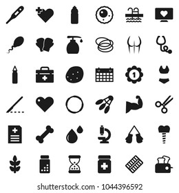 Flat vector icon set - liquid soap vector, potato, pills vial, punching bag, muscule hand, buttocks, boxing glove, swimsuite, medal, water bottle, calendar, cereals, shuttlecock, pool, heart monitor