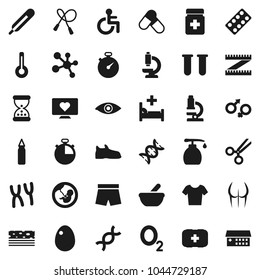 Flat vector icon set - liquid soap vector, egg, microscope, measuring, stopwatch, jump rope, punching bag, buttocks, shorts, t shirt, pills, molecule, breads, heart monitor, first aid kit