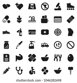 Flat vector icon set - liquid soap vector, toaster, egg, potato, microscope, muscule hand, buttocks, snickers, roller Skates, target, pills, calendar, cereals, pool, prohibition sign, no alcohol