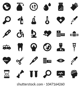 Flat vector icon set - liquid soap vector, rubber glove, school building, heart pulse, disabled, cross, doctor, thermometer, flask, vial, eye, magnifier, pregnancy, dropper, crutches, scissors