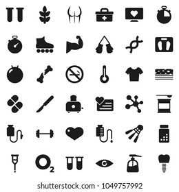 Flat vector icon set - liquid soap vector, toaster, barbell, scales, stopwatch, pills vial, fitball, muscule hand, buttocks, boxing glove, t shirt, roller Skates, sports nutrition, molecule, cereals