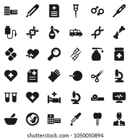 Flat vector icon set - liquid soap vector, rubber glove, school building, heart cross, pulse, thermometer, vial, gender sign, dna, magnifier, pregnancy, insemination, dropper, crutches, scissors