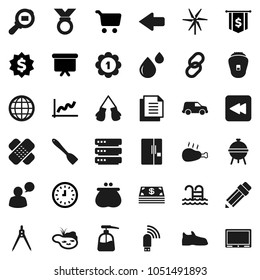 Flat vector icon set - liquid soap vector, spatula, bbq, chicken leg, pencil, drawing compass, graph, cart, clock, presentation board, dollar medal, flag, snickers, boxing glove, pool, car, document