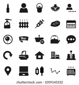 Flat vector icon set - liquid soap vector, camping cauldron, kettle, spices, steak, oil, constellation, japanese candle, calendar, notebook pc, syringe, ovule, message, redo, user, login, pin, house