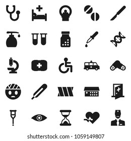 Flat vector icon set - liquid soap vector, first aid kit, disabled, heart pulse, thermometer, vial, eye, dna, dropper, crutches, scalpel, sand clock, stethoscope, pills, bottle, microscope, building