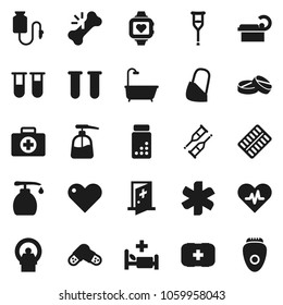 Flat vector icon set - liquid soap vector, pills vial, heart monitor, first aid kit, ambulance star, pulse, crutches, broken bone, blister, hospital bed, tomography, bandage, drop counter, bath