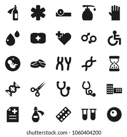 Flat vector icon set - liquid soap vector, rubber glove, school building, heart cross, first aid kit, ambulance star, disabled, vial, gender sign, dna, pregnancy, scissors, sand clock, stethoscope