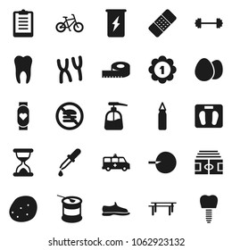 Flat vector icon set - liquid soap vector, egg, potato, barbell, measuring, scales, stadium, clipboard, bike, horizontal bar, punching bag, snickers, medal, sports nutrition, enegry drink, dropper