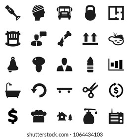 Flat vector icon set - liquid soap vector, cook hat, blender, mushroom, bell, scissors, school bus, exchange, graph, dollar sign, skateboard, water bottle, top, weight, speaking man, broken bone