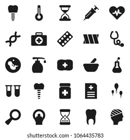 Flat vector icon set - liquid soap vector, first aid kit, heart pulse, thermometer, flask, vial, dna, magnifier, pregnancy, syringe, sand clock, stethoscope, pills bottle, blister, mortar, anamnesis