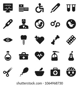 Flat vector icon set - liquid soap vector, heart pulse, first aid kit, doctor bag, disabled, cross, thermometer, flask, vial, eye, gender sign, pregnancy, scissors, broken bone, pills blister, sperm