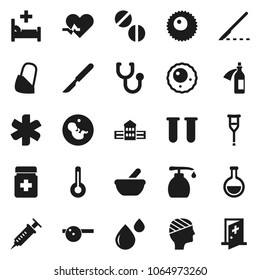 Flat vector icon set - liquid soap vector, school building, ambulance star, heart pulse, thermometer, flask, vial, pregnancy, syringe, crutches, scalpel, stethoscope, pills, bottle, mortar, potion