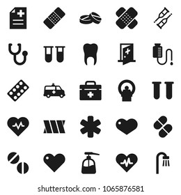 Flat vector icon set - liquid soap vector, heart pulse, doctor bag, ambulance star, vial, crutches, patch, stethoscope, pills, blister, anamnesis, amkbulance car, tomography, bandage, drop counter
