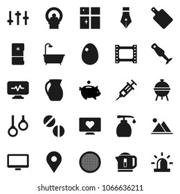 Flat vector icon set - liquid soap vector, shining window, cutting board, blender, bbq, jug, sieve, egg, pen, piggy bank, heart monitor, gymnast rings, map pin, film frame, settings, syringe, pills