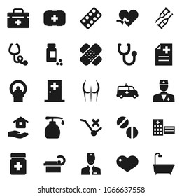 Flat vector icon set - liquid soap vector, house hold, pills vial, buttocks, first aid kit, no trolley, heart, doctor bag, pulse, crutches, patch, stethoscope, bottle, blister, anamnesis, tomography