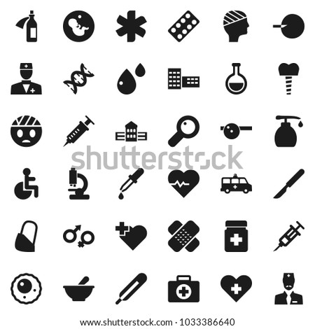 Flat vector icon set - liquid soap vector, school building, heart pulse, cross, first aid kit, ambulance star, disabled, doctor, thermometer, flask, gender sign, dna, magnifier, pregnancy, syringe