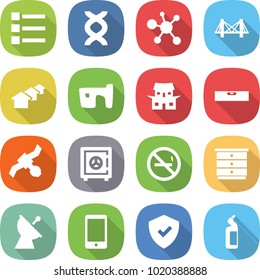 flat vector icon set - list vector, dna, virus, bridge, houses, slum, japanese house, level, satellite, safe, no smoking, chest of drawers, antenna, phone, shield, toilet cleanser