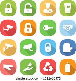 flat vector icon set - lock vector, unlock, security man, uv cream, surveillance, locked, key, camera, cook glove, hand leaf, recycling, dry wash