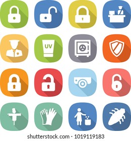 flat vector icon set - lock vector, unlock, customs control, security man, uv cream, safe, shield, locked, unlocked, surveillance camera, scarecrow, gloves, garbage bin, bug