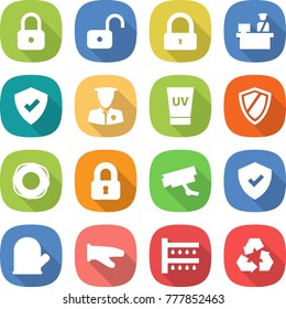 flat vector icon set - lock vector, unlock, customs control, protected, security man, uv cream, shield, lifebuoy, locked, surveillance camera, cook glove, watering, recycling