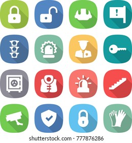 flat vector icon set - lock vector, unlock, building helmet, important flag, traffic light, alarm, security man, key, safe, life vest, stairs, surveillance camera, shield, gloves