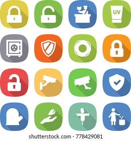 flat vector icon set - lock vector, unlock, inspector, uv cream, safe, shield, lifebuoy, locked, unlocked, surveillance camera, cook glove, hand leaf, scarecrow, garbage bin